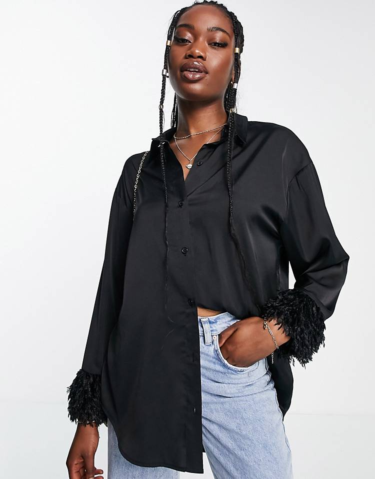 New Look tie front satin shirt with fluffy sleeves in black